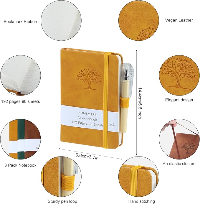 HOMEMARS Small Notebook, Pocket Notebook, 3 Pack, Notebook A6, Squared,3.7" x 5.7"Leather, Brown, Green, Yellow,192 Pages Each, Hardcover, Mini Journal Notepad, Embossing Tree Design