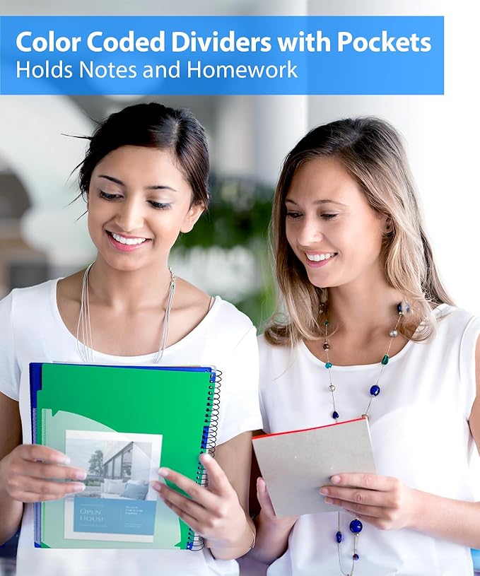 Dunwell 3-Subject Spiral Notebook College Ruled 8.5x11 (Blue), 150 Sheets (300 Pages), Tabs, Colorful Movable Divider Pockets Fit 8.5 x 11 Content, Front/Back Plastic Covers, 3-Hole Perforated Pages