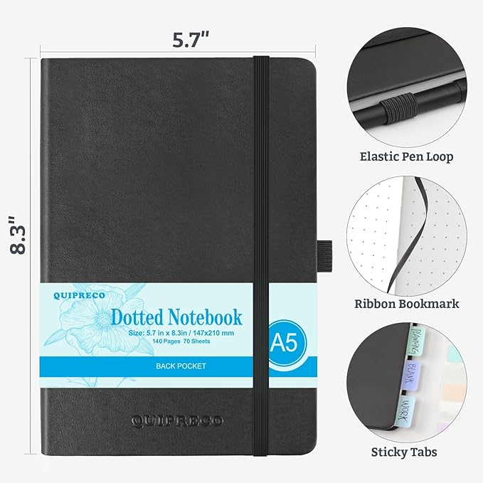 2Pack Bullet Dotted Journal Hardcover Notebook, A5 140 Pages 120Gsm Thick Paper for School,Note Taking,Work,Diary，5.7''*8.3'',Black