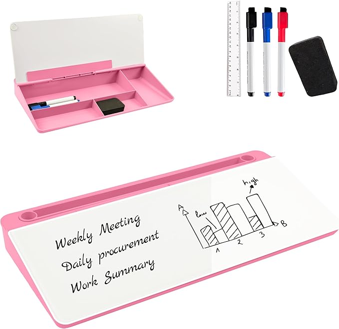Desktop Whiteboard, Glass Dry Erase Board, Desk Board Buddy,Computer Keyboard Stand,Desk Whiteboard Organizer for Home,Office,School Supplies (Pink)