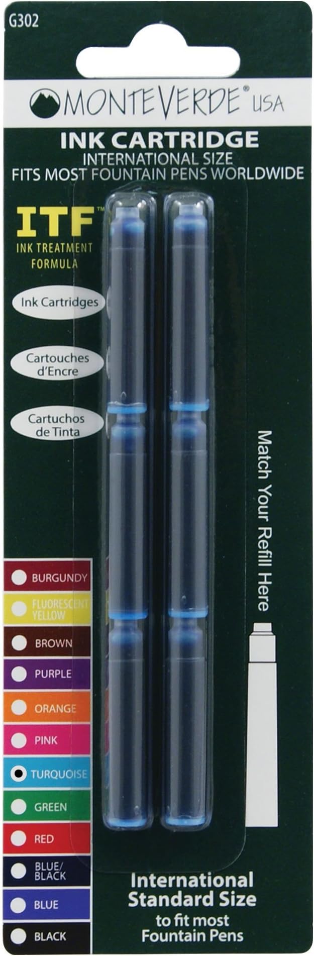 Monteverde International Size Cartridge to Fit Fountain Pens, Turquoise, 6 per Pack (G302TQ)