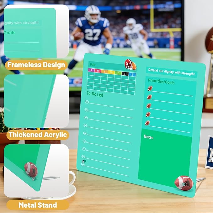 LeMotech Desktop Acrylic Dry Erase Board, 12x10 inches Weekly & to-Do List Planner, Tabletop Whiteboard with Stand, Office Supplies Includes 2 Markers & 1 Eraser, Green Football Pattern, 2 Pack