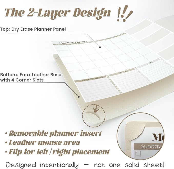 JJPRO Dual-Layer Dry Erase Desk Mat,Large Multi-Use Dry Erase Desk Calendar,Erasable Desk Pad,Double-Sided Faux Leather Desk Pad,Reusable Large Mouse Pad for Office, Home - Eggshell -16"x34"