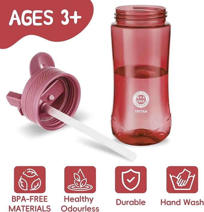 14oz Clear Kids Water Bottle with Straw Lid, BPA-Free Tritan, Measurement Scale, Sturdy Handle Wide Mouth Leak-proof Reusable Plastic Bottle for Boy& Girls, Back to School(Red)