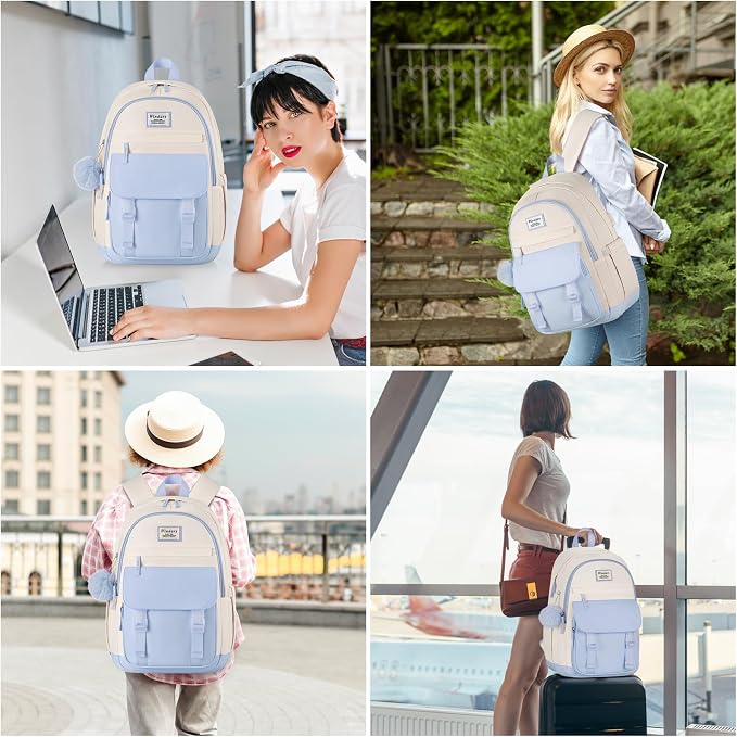 WINDARS School Backpack for Teen Girls, Cute College Backpacks for Women Students Aesthetic Bookbag Large 15.6 Inch Laptop Bag Middle School Travel Back Pack (Blue Beige)