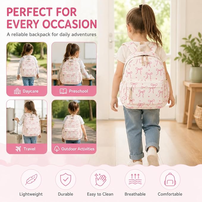 LOIDOU Toddler Backpack for Girls School Bookbags for Preschool Kindergarten Cute Backpacks (Mini Bow tie Beige, S-12)