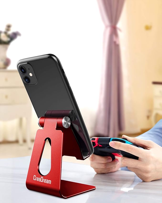 CreaDream Adjustable Cell Phone Stand, Phone Stand, Cradle, Dock, Holder, Aluminum Desktop Stand Compatible with Phone Xs Max Xr 8 7 6 6s Plus SE Charging, Accessories Desk,All Mobile Phones-Red