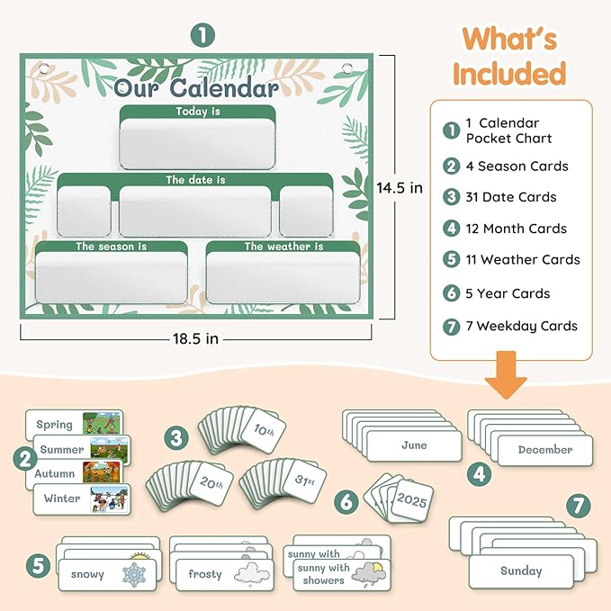 AKAYOK Classroom Calendar Pocket Chart with 70 Cards - Circle Time Calendar 2024-2028 with 2 Storage Pockets, Kids Calendar Perfect for Preschool and Homeschool Learning (Green Leaves)