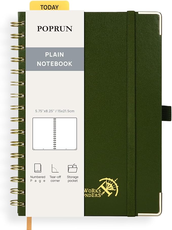 POPRUN Blank Spiral Journal Notebook, A5 Hardcover Sketch Books, 141 Pages Unlined Journals for Women Men, 120 GSM Plain Notebooks for Sketching, Drawing, Painting, 5.75'' x 8.25'', Olive