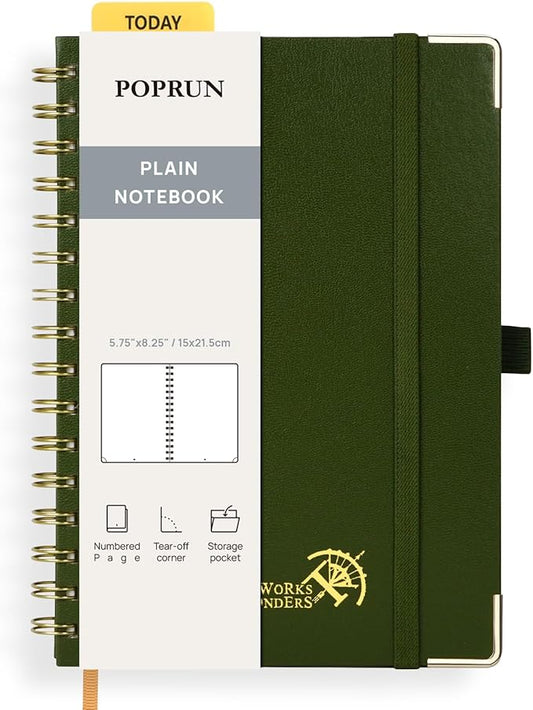 POPRUN Blank Spiral Journal Notebook, A5 Hardcover Sketch Books, 141 Pages Unlined Journals for Women Men, 120 GSM Plain Notebooks for Sketching, Drawing, Painting, 5.75'' x 8.25'', Olive