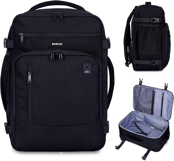 ECOHUB 17" Small Travel Backpack, United Airlines Personal Item Bag 17x10x9 with 16 Pockets, Water Resistant Rucksacks Fit 15.6" Laptop, AirTag Pocket, Lightweight Casual Daypack, 25L, Black