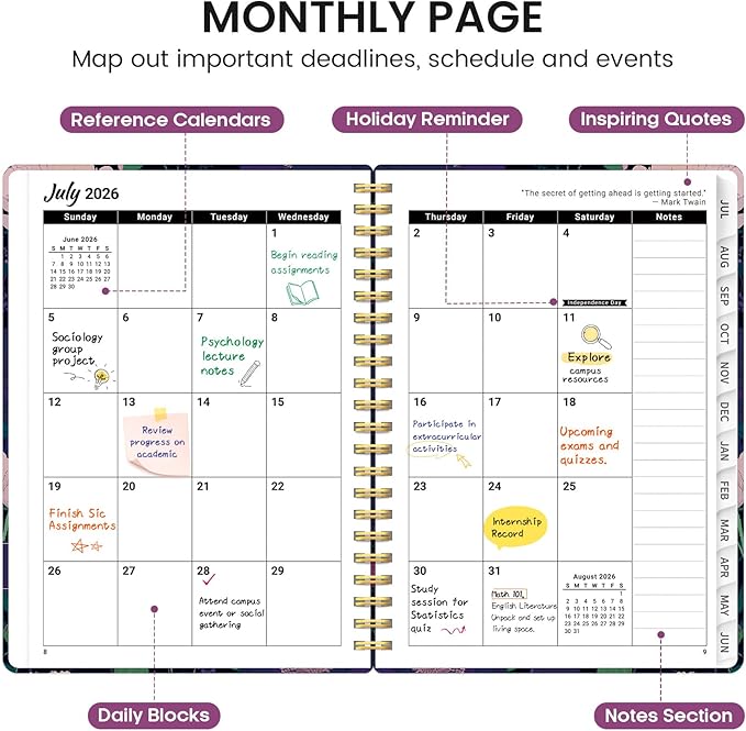 Planner 2026-2027, Academic Monthly and Weekly Calendar Planner for Women, July 2026 - June 2027, Hardcover Pretty Agenda Planner Book with Tabs, Spiral Daily Organizer for School Office Home Supplies, 8.5" x 11" - Plum Reverie