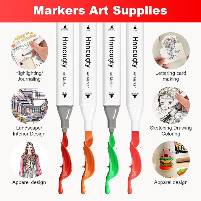 Hnncugty Alcohol Markers Set 60 Colors, Dual Tips Coloring Art Markers Set with Case & Holders, Chisel & Fine Artist Sketch Pens Art Supplies for Adult Coloring Books, Drawing, Painting, Sketching