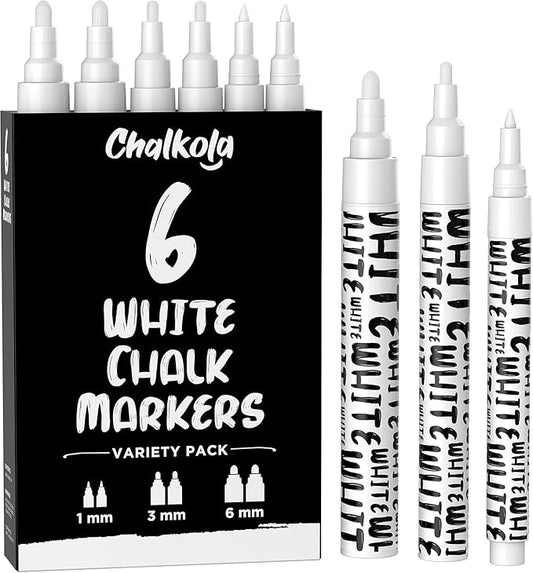 Chalkola White Chalk Markers - White Dry Erase Liquid Chalk Pens for Chalkboard, Blackboard, Window, Bistro, Car Glass, Board, Signs - Variety Pack of 6 - (2x) 1mm, 3mm & 6mm