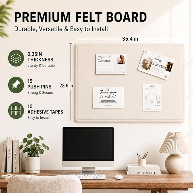 Felt Bulletin Board for Wall 36" x 24" Unfolded Size, Frameless Felt Pin Board, Soft Cork Board Alternative for Office, Home Planning, Notes, Photos & Wall Decor, Foldable Shipping, Easy Install