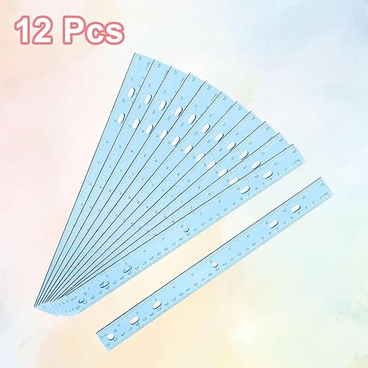 HARFINGTON 12pcs Plastic Rulers 12" (30cm) Clear Straight Ruler Measuring Tool Inches and Centimeters with Hole for Home Office Classrooms Drafting, Clear Blue