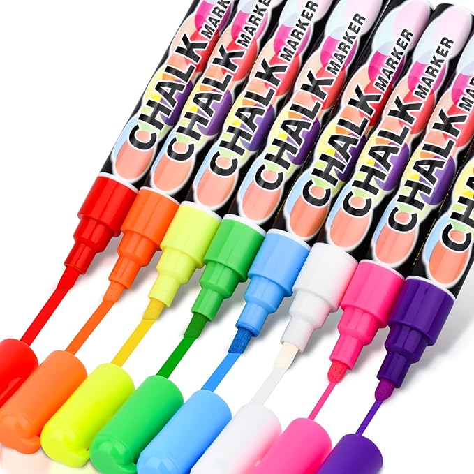 MAGXCENE Liquid Chalk Markers, Wet Erase Markers for Blackboards Bold Color Neon Chalk Marker Erasable Whiteboard Marker for Glass, Chalk Pens for Windows, Mirror Reversible Tip 5mm, 8Pack