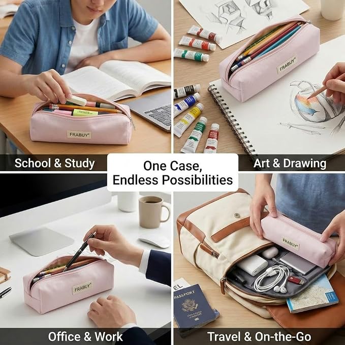 Canvas Pencil Case Pouch – Multipurpose Pen Bag Stationery Pink | Heavy-duty canvas, smooth alloy zipper, cute organizer for girls and boys, ideal for stationery, cosmetics, tech gear