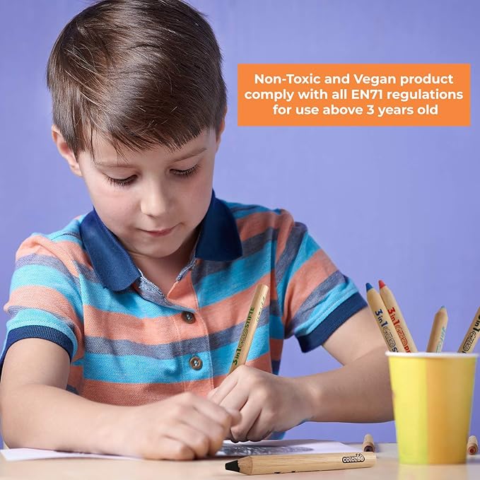 3 In 1 Color Pencil Set for Kids -24 Colored Pencil for Toddlers. Fat Coloring Pencils with Brush and Sharpener - Non-Toxic and Vegan Cute Color Pencils Perfect for Toddler Art Supplies