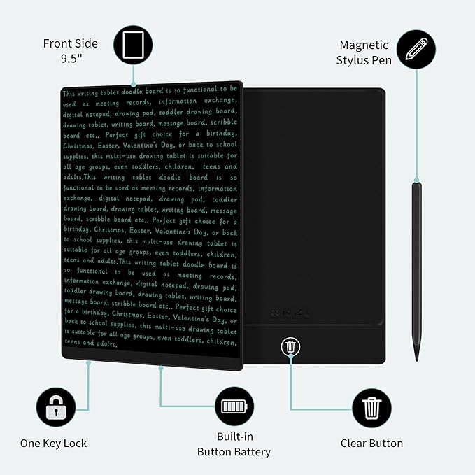 Reusable LCD Writing Tablet for Adult: 9.5 Inch Full Screen Digital Drawing Tablet Erasable Digital Notepad Business Office Students Home Gifts for Birthday