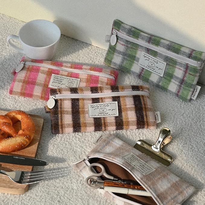 Monolike Unmatched Friends Old Check Pencil Case, Brown - Pencil Pouch, Portable Pencil Bag, Pencil Case, Office Pouch case, Cushion, Soft, Vintage