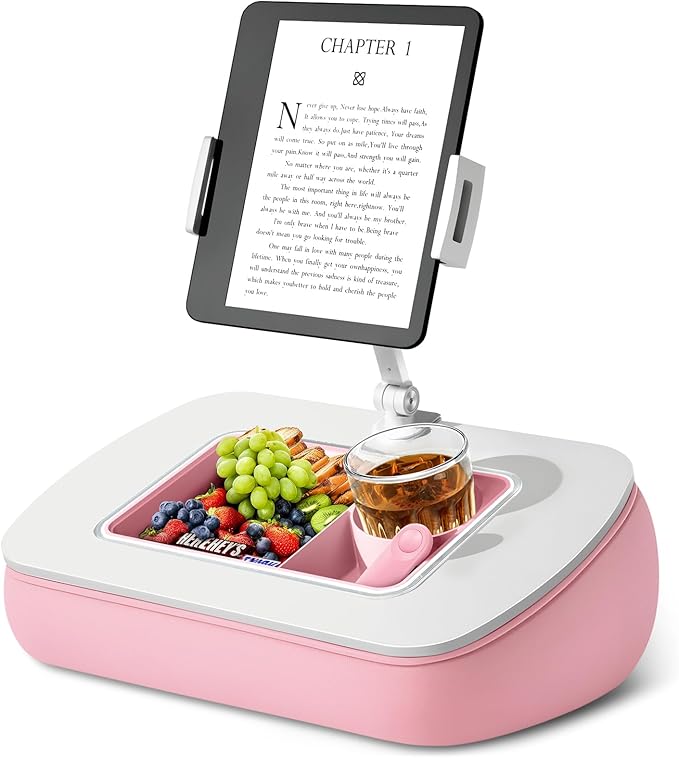 ERGONOV Tablet Pillow Stand for Lap Use with Snack Bowl and 360° Rotating Arm, Adjustable iPad Holder for Bed, Couch, and Recliner, Compatible with 4.7"-13" Kindle, iPad, Tablet, Phone,Pink