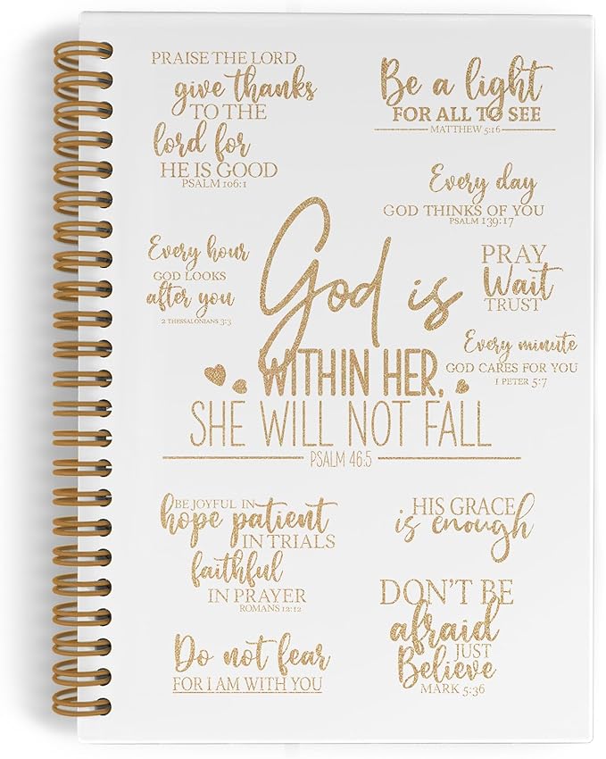 QLMX Gold Christian Gifts for Women Spiral Notebook, God Is Within Her She Will Not Fall Journal Notebook, Inspirational Religious Notebooks for School Work, Bible Verse Office Supplies Gifts, 5.5x8.3