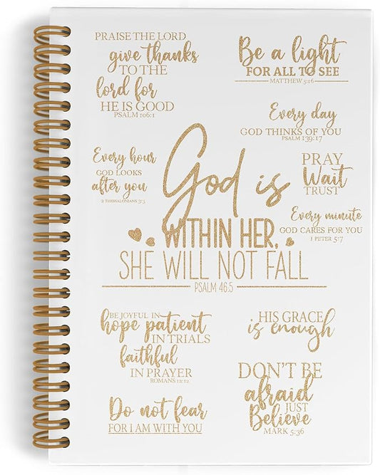 QLMX Gold Christian Gifts for Women Spiral Notebook, God Is Within Her She Will Not Fall Journal Notebook, Inspirational Religious Notebooks for School Work, Bible Verse Office Supplies Gifts, 5.5x8.3