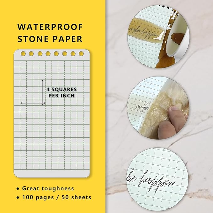 4PCS Waterproof Spiral Notebook 3"x5" with Stone Graph Paper, All-Weather Pocket Notepad A7, Memo Steno Pads for Outdoor Work, Travel, Field, Military (Black, 4 Pack)