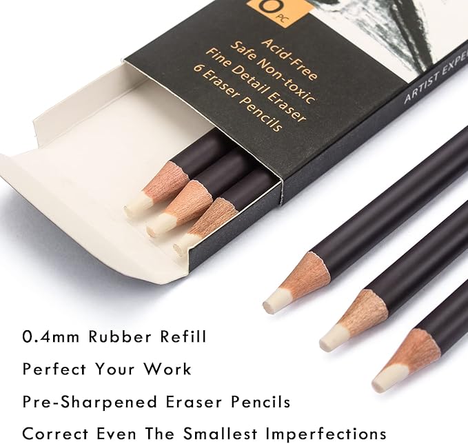 Brusarth Eraser Pencils Set - Professional 3pc Erasing Small Details or Add Highlights for Sketching, Colored Pencils, Charcoal Drawings. Fine Detail Eraser for Beginners & Artists