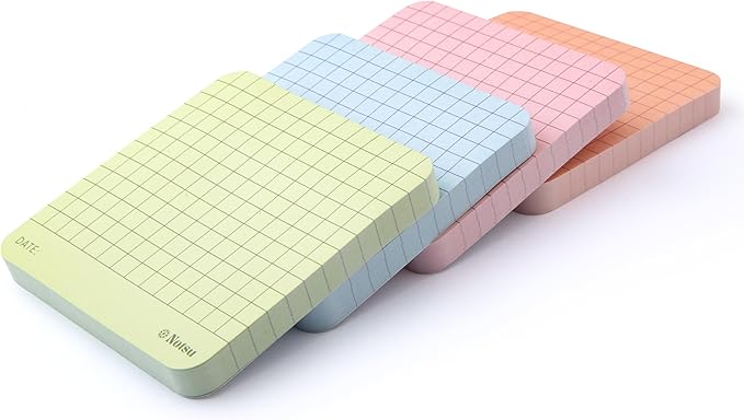 Notsu Graph Grid Sticky Notes 4pk | Premium Thick Paper 120g | Colorful Pastel Graphing Memo Pads with Date, 3" x 3"
