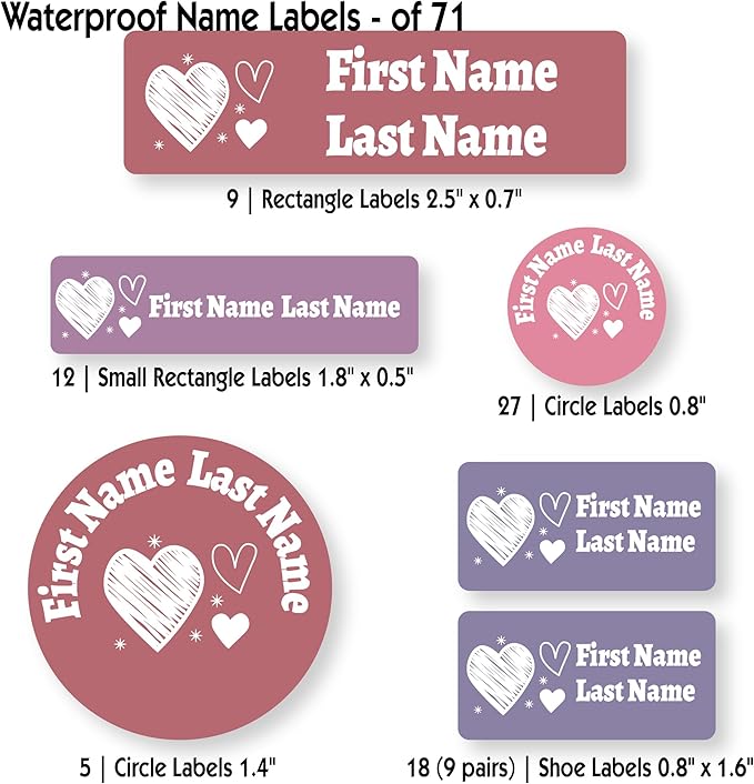 Personalized Kids Name Labels – Waterproof Custom Stickers for Daycare & School, Dishwasher & Laundry Safe (Heart-7)