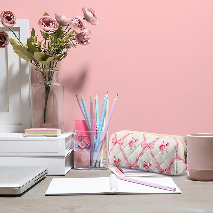 Sherr Coquette Pink Bow Pencil Case Pink Floral Bow Cute Pencil Pouch Soft Cotton Storage Bag Aesthetic Pattern Gift Makeup Pouch Cosmetic Bag for Women Adults