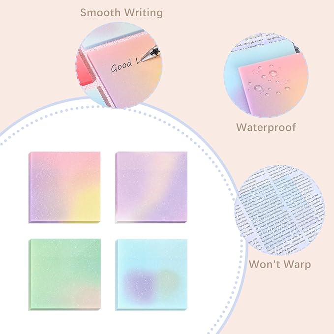BAYTORY Glitter Transparent Sticky Notes, 3 x 3 Clear Memo Pads, Waterproof Self-Stick Note, See Through Aesthetic Self-Adhesive Note for Bible Accessories (Multicolor Gradient 200 Sheets)