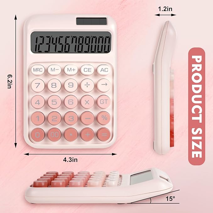 Mechanical Switch Calculator with Big Buttons, Calculators Desktop, 12 Digits, Solar Battery Power, Desk Calculator, Large LCD Display, Cute Pink Calculators for Teachers Students Basic Office