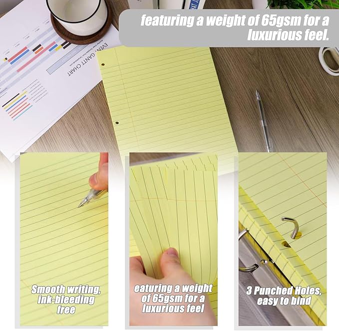 HIBOX Yellow Loose Leaf Paper, 100 Sheets 8"x10.5" Wide Ruled Filler Lined Notebook Paper, 3-Hole Punched for 3-Ring Binders Notebook, Back To School & College, Fights Ink Bleed, Office Planners
