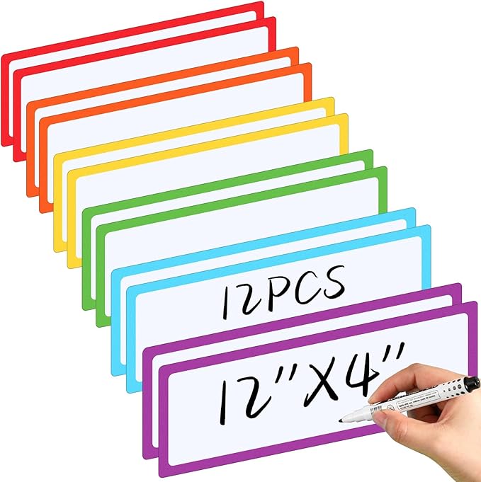 12 Pcs Large Magnetic Dry Erase Labels for Classroom, 12 x 4 Inch Rectangle Magnetic Name Plates Label Flexible Magnet Stickers for Whiteboards Refrigerator(White Background+Border,Style 2)
