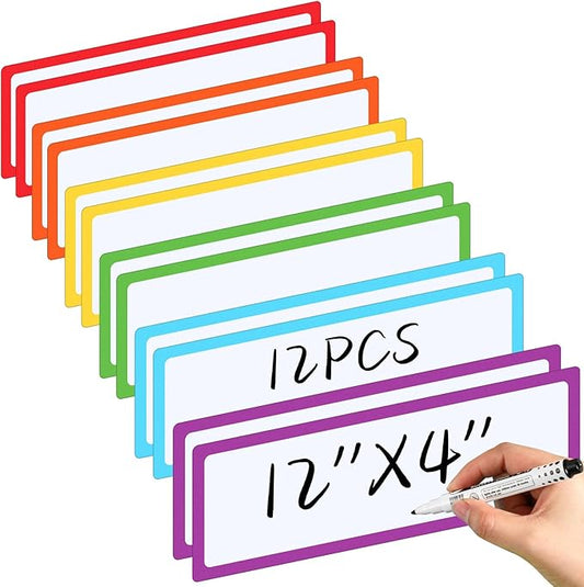 12 Pcs Large Magnetic Dry Erase Labels for Classroom, 12 x 4 Inch Rectangle Magnetic Name Plates Label Flexible Magnet Stickers for Whiteboards Refrigerator(White Background+Border,Style 2)