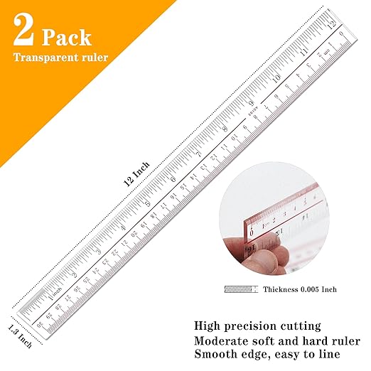 Ruler 12 inch, Clear Plastic 12 inch Ruler, Apply to Rulers for Kids and Office Use Measuring Tools, Transparent Metric Straight with Inches and Centimeters, Ruler Set Pack of 2