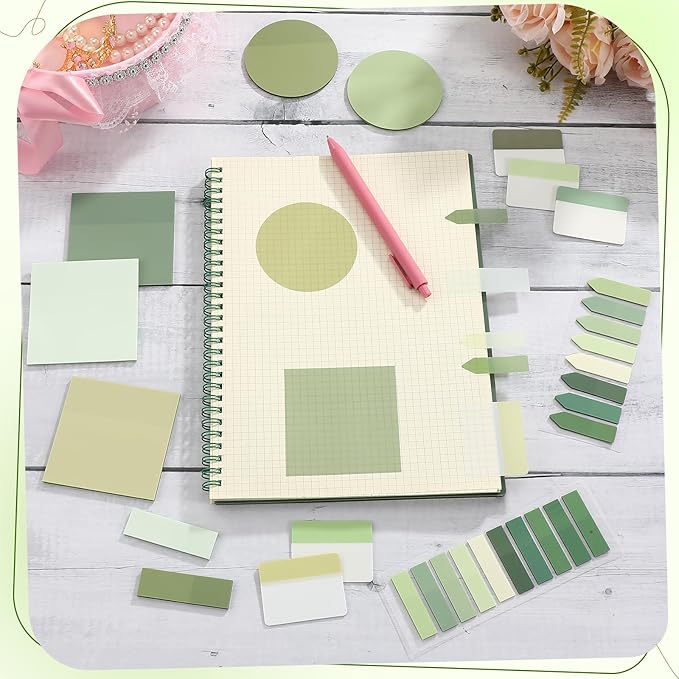 Glenmal Transparent Sticky Note Set 910 Sheets Translucent Clear Self-Adhesive Sticky Notes Bulk Gradient Color Waterproof for Bible Tabs Book Tabs Office Study Supplies Book Annotation(Sage Green)