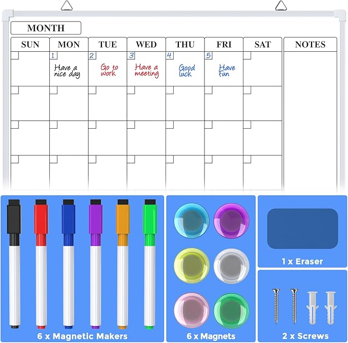MaxGear Monthly Calendar Dry Erase Board for Wall, 24"x18" Magnetic Double-Sided White Board, Hanging Whiteboard for Planning, Drawing, Memo, to Do List, School, Home, Kitchen, Office
