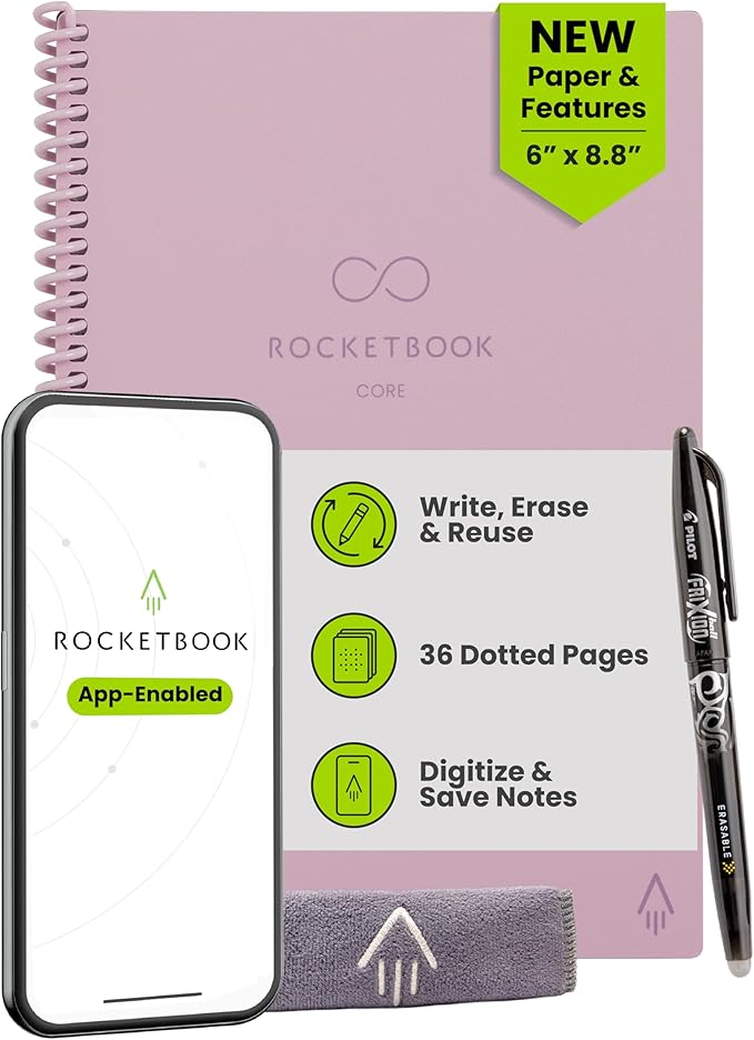 Rocketbook Core Reusable Smart Notebook, Dot Grid Pages For School, Work and Creative Projects, Letter Size 8.5x11, Pink - Premium