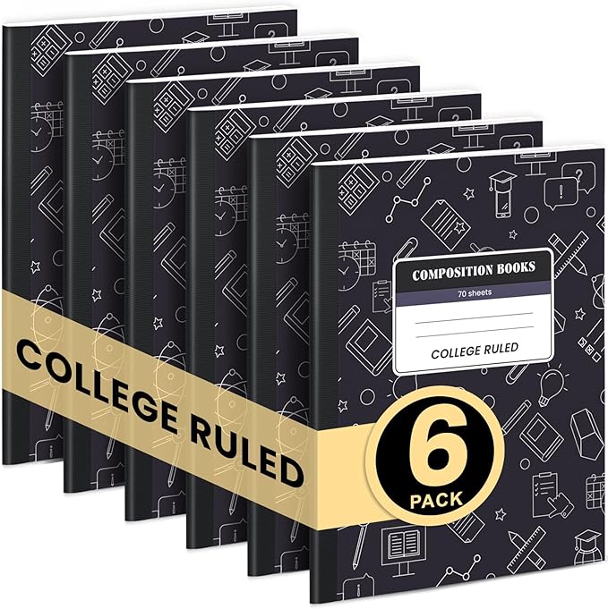 Oucaru Composition Notebook 6 Pack College Ruled, Black Cover Notebooks for School, 70 Sheets 7-1/2"x9-3/4, Back to School Supplies Journal for K-12 Students