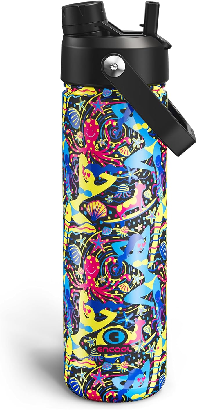 ENCOOL Insulated Water Bottle with Straw Stainless Steel Water Bottle, Leak-Proof, BPA-Free, Double Wall Vacuum Keeps Cold for 24 Hours for Sports, Travel, School (26 oz, Summer Surf)