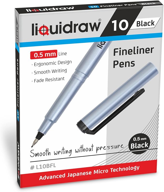 Liquidraw Black Colored Fineliner Pens, Fine 0.5mm Tip, Set of 10