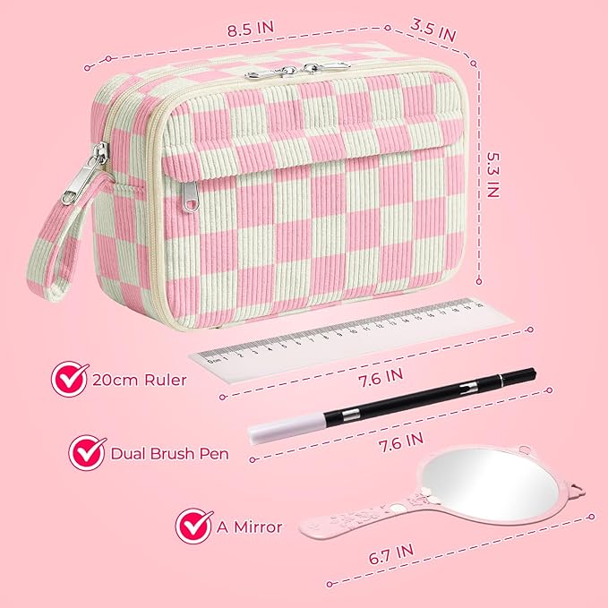 Large Pencil Pouch for Girls,Cute Corduroy Pencil Case Pouch Aesthetic Soft Pencil Bag for School, Zippered Pencil Organizer School Supplies for Teen Girls Women Gift (Pink Check)