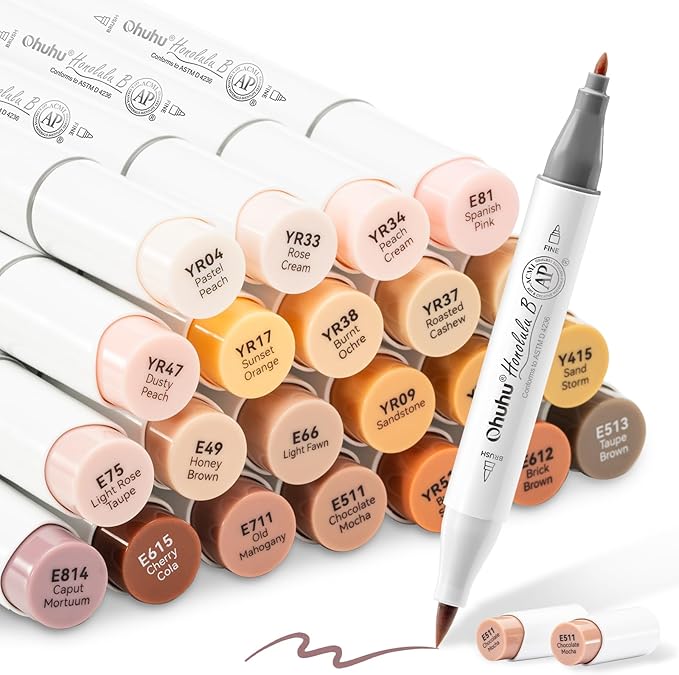 Ohuhu Skin Tone Alcohol Markers Brush Tip - 24 Portrait Skin Color Markers for Artist Adults Coloring Illustration - Fine and Brush Dual Tips - Honolulu B - Refillable - AP Certificated