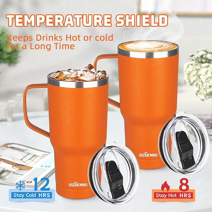 20 oz Insulated Coffee Mug with Ceramic Coating, Stainless Steel Travel Mug Tumbler with Handle Lid and Straw, Double Wall Leak-Proof Coffee Travel Mug Keeps Drink Hot and Cold (Orange)
