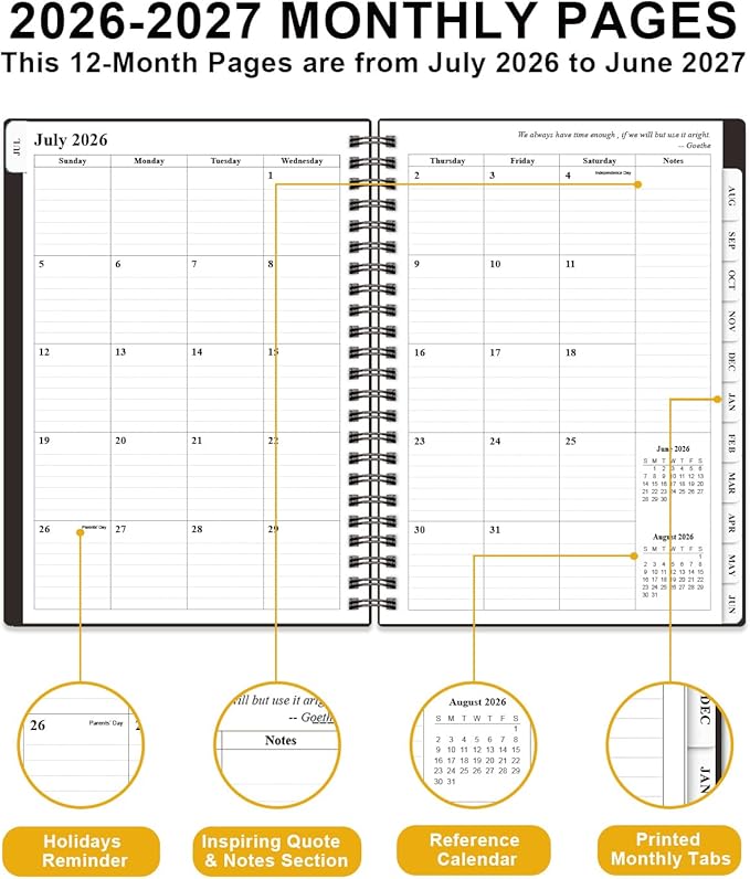 Planner 2026-2027 - Academic Planner from July 2026 to June 2027, Weekly & Monthly Planners Spiral Bound with 12-Month Tabs, Inner Pocket, 6.25" x 8.5", Black