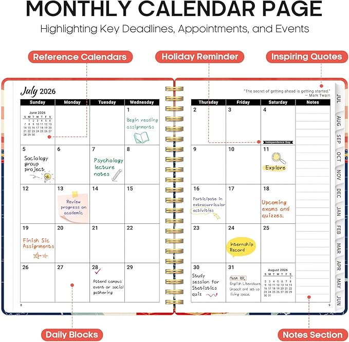 Planner 2026–2027, Academic Monthly Weekly Spiral Calendar, July 2026 – June 2027, Hardcover Agenda Notebook with Tabs, 6.3" x 8.5", Perfect for Students, Teachers, School & Daily Planning - Coastal Sunset